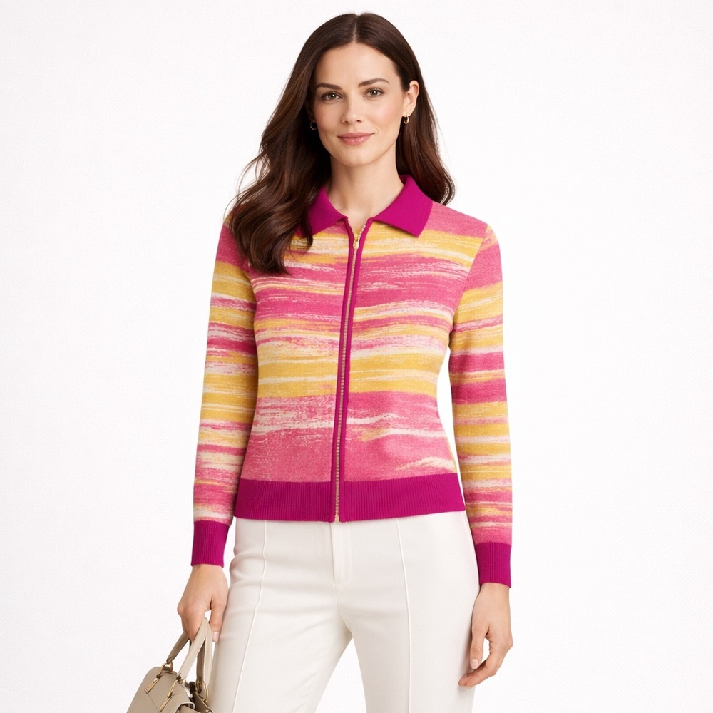 St John Santana Knit‎ Zip Jacket Pink Yellow Stripe Wool Blend Size S dopamine - Picture 7 of 7
